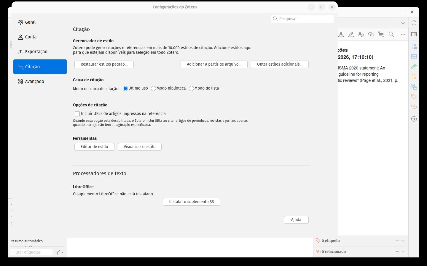 Configurações → Citação, aba Estilos