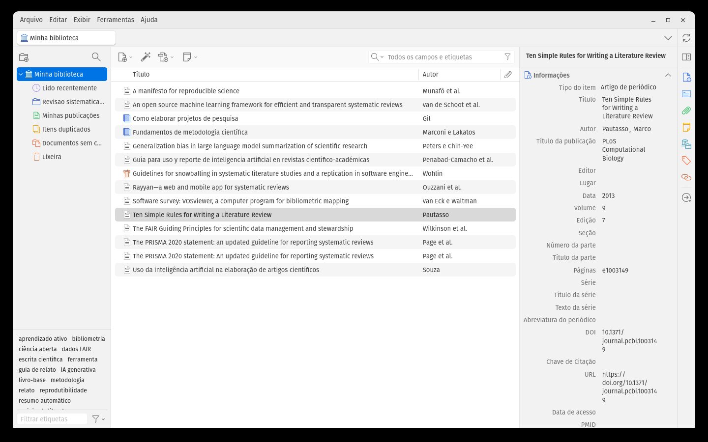 Painel do item com os campos de informações de um artigo
