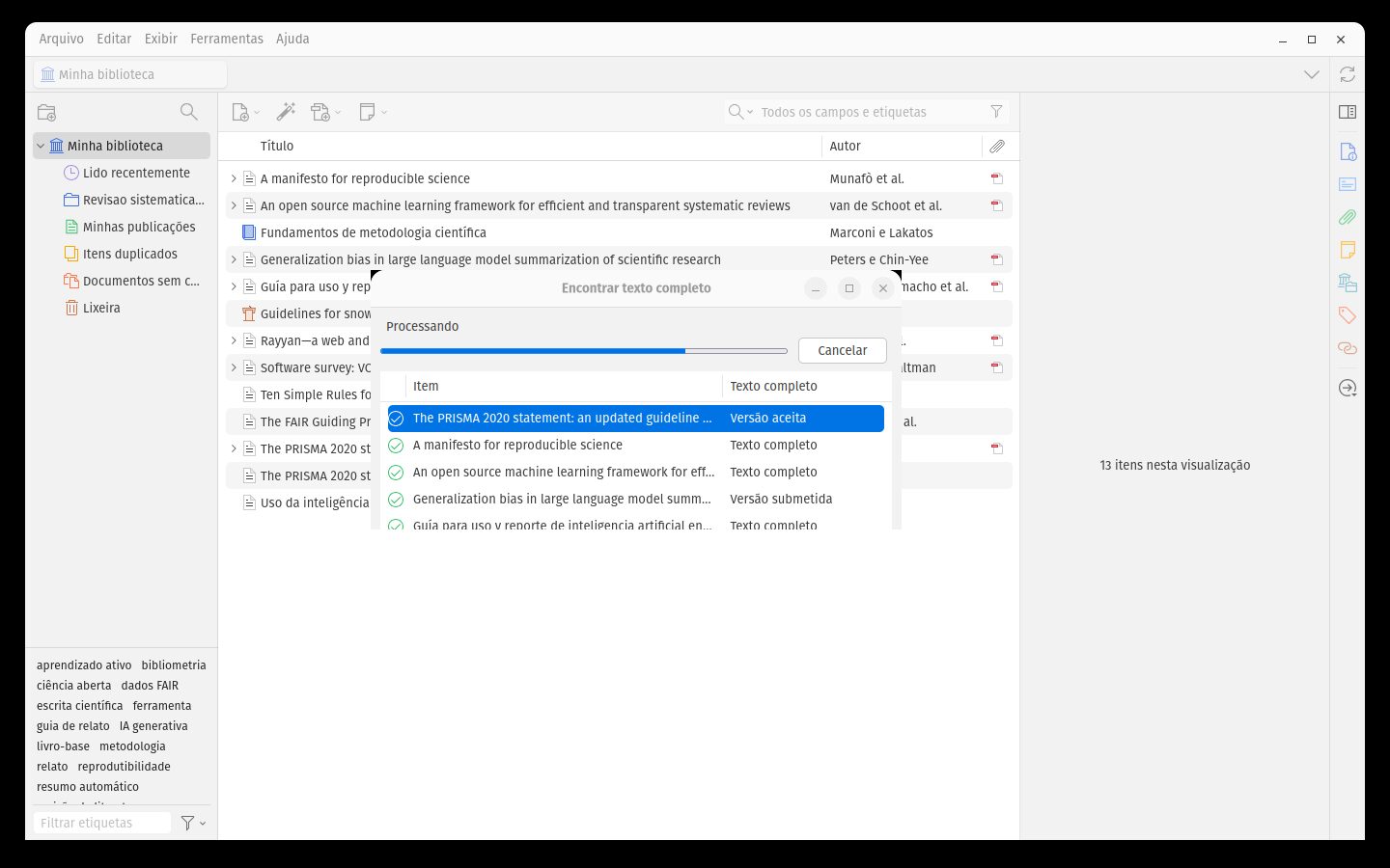 Janela de progresso mostrando PDF encontrado