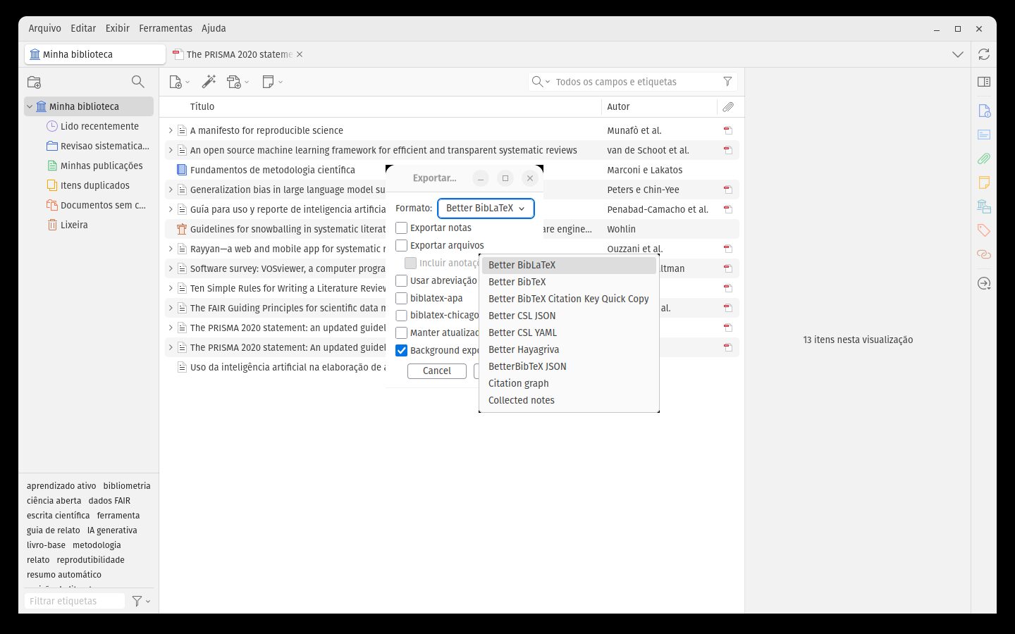 Diálogo Exportar coleção com a escolha de formato