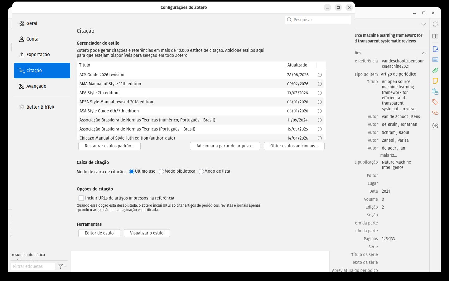 Estilo ABNT na lista de estilos instalados