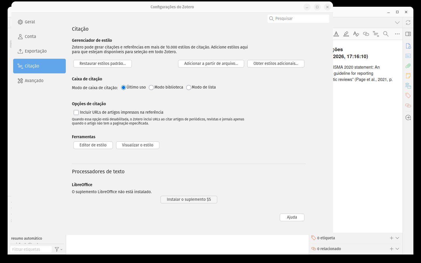 Configurações → Citação → Processadores de texto