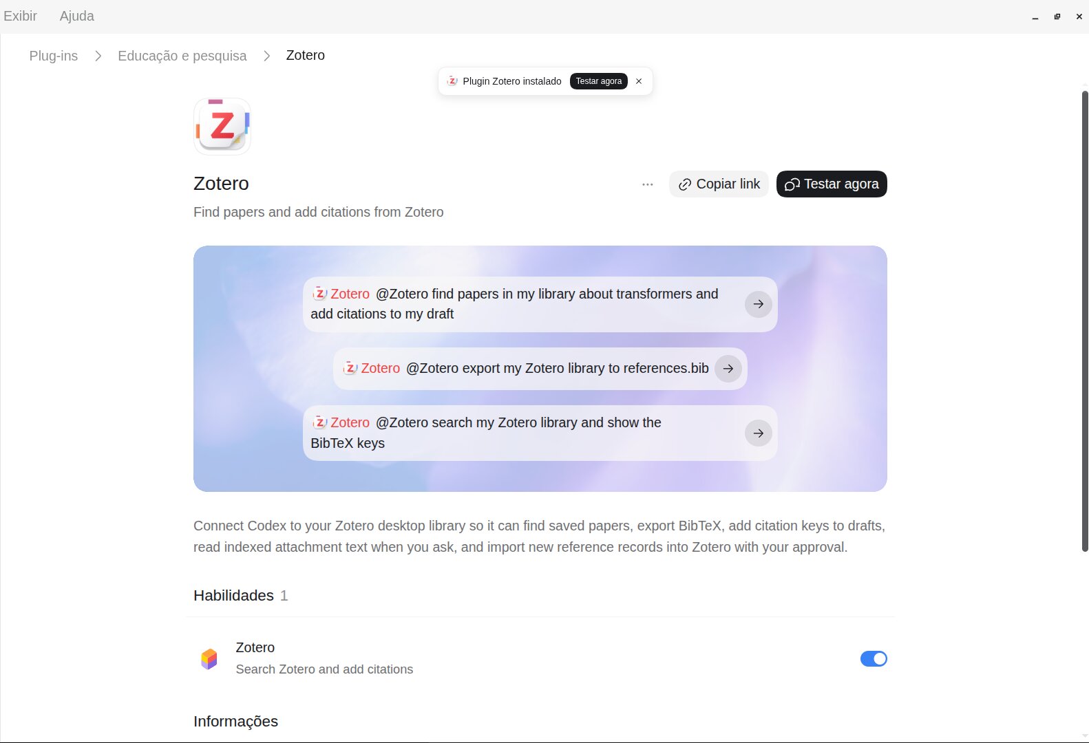 Página do plugin Zotero no Codex após instalar: Plugin Zotero instalado, Testar agora