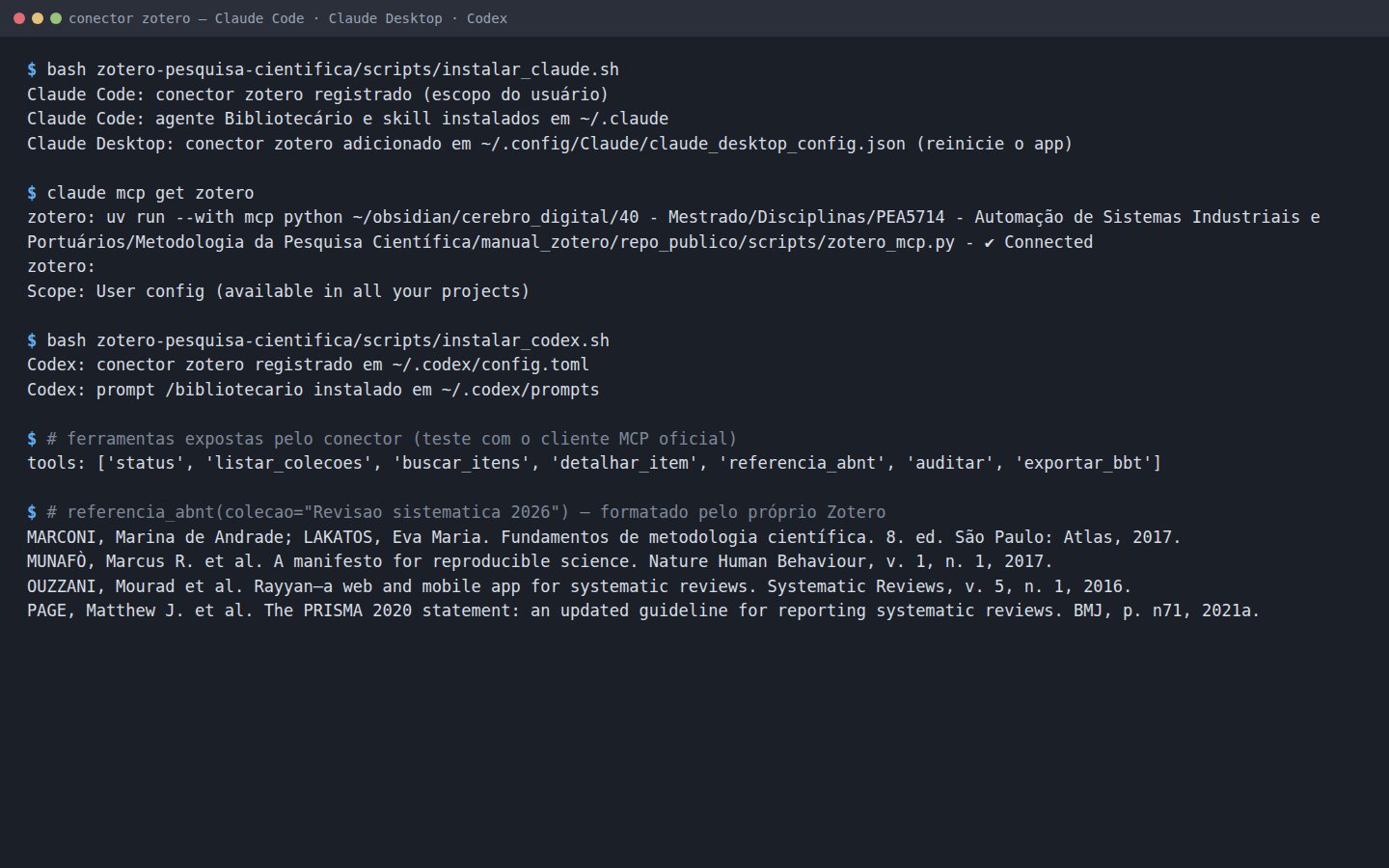 Terminal com a instalação do conector no Claude Code, no Claude Desktop e no Codex, e a saída real das ferramentas