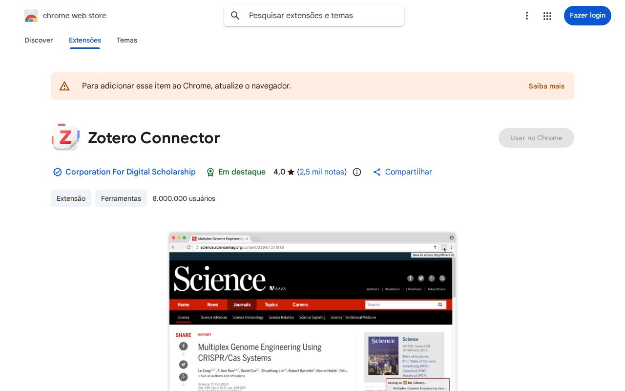Página do Zotero Connector na loja de extensões do Chrome