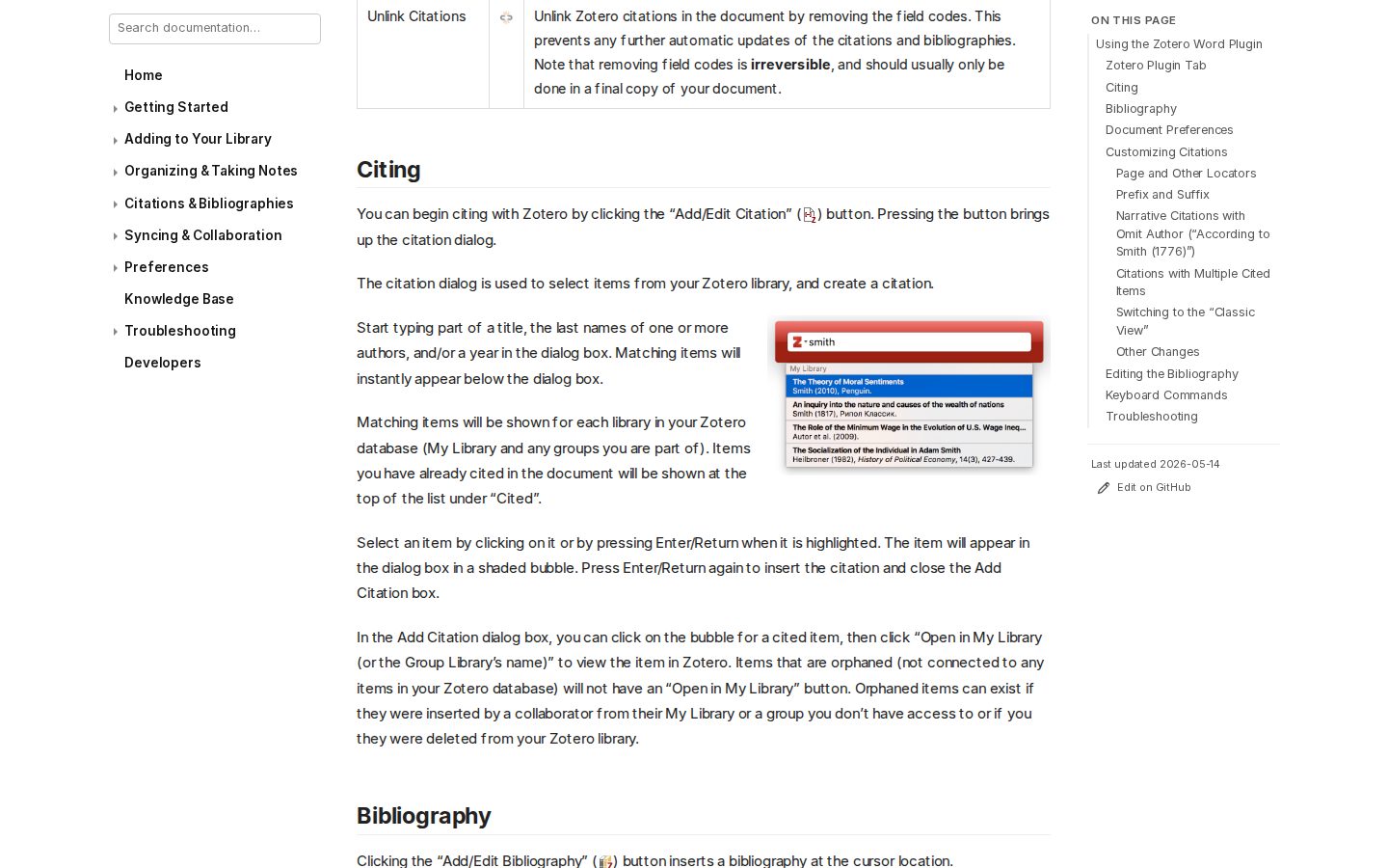 Documentação oficial do Zotero: diálogo Adicionar/Editar citação
