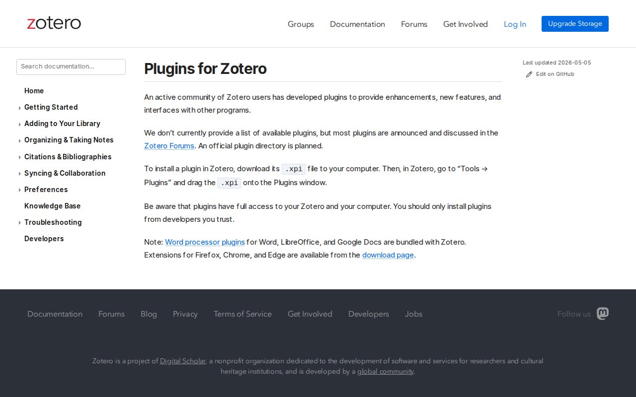 Página de documentação de plugins do Zotero