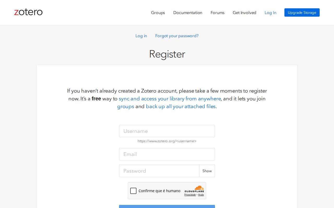 Formulário de registro em zotero.org