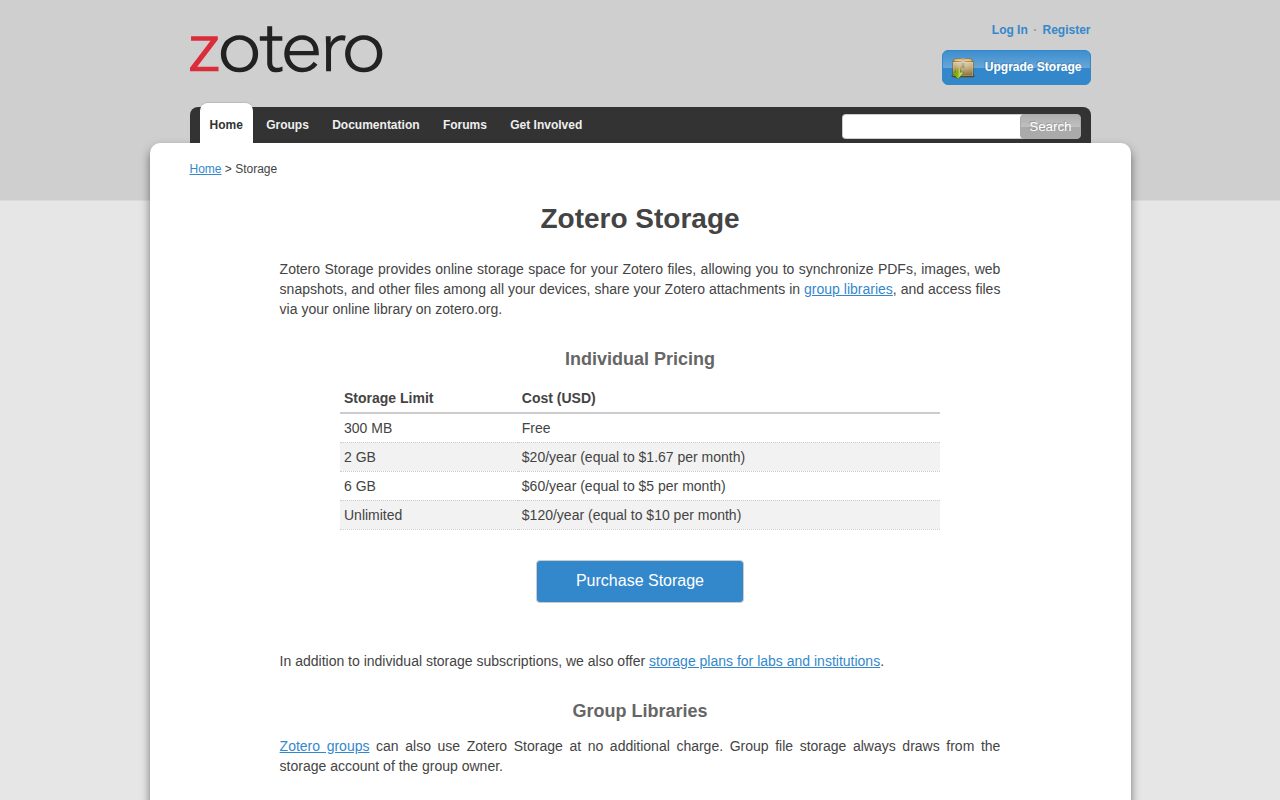 Página de planos de armazenamento do Zotero