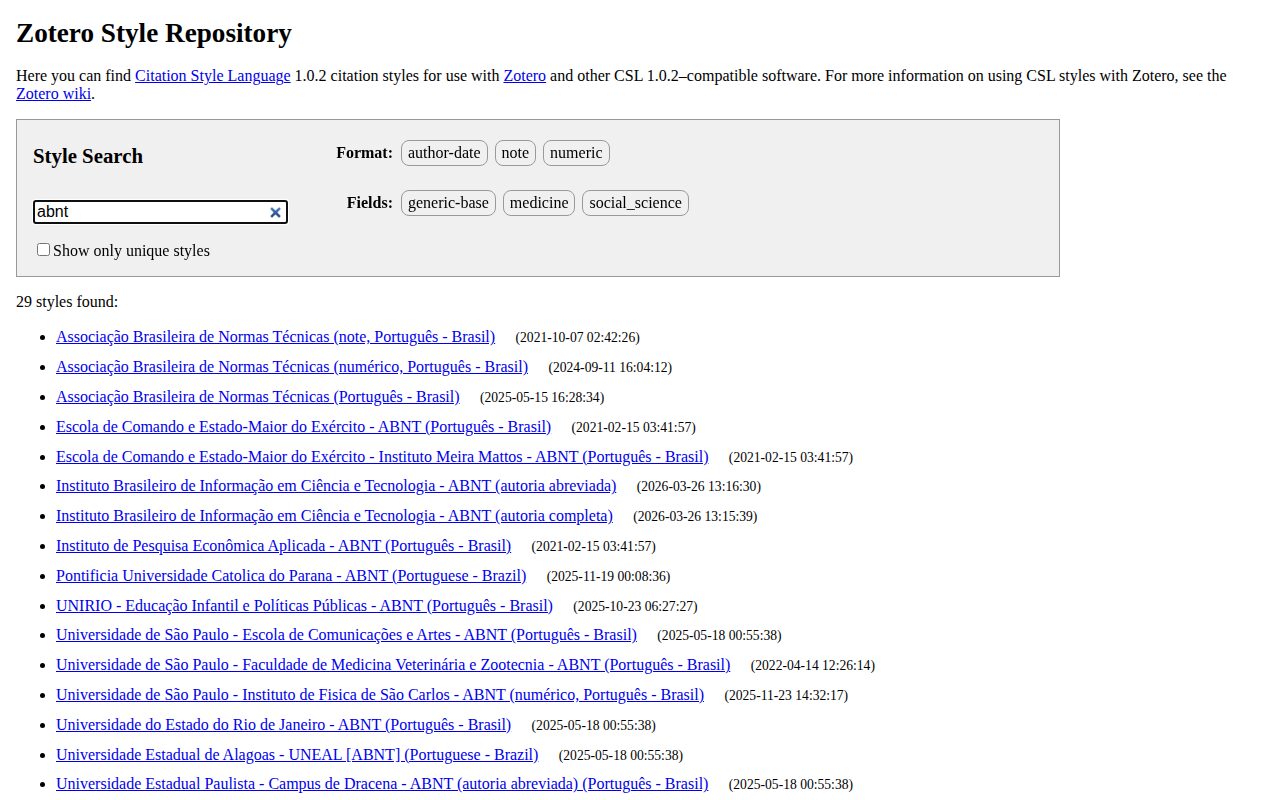 Repositório de estilos do Zotero filtrado por ABNT